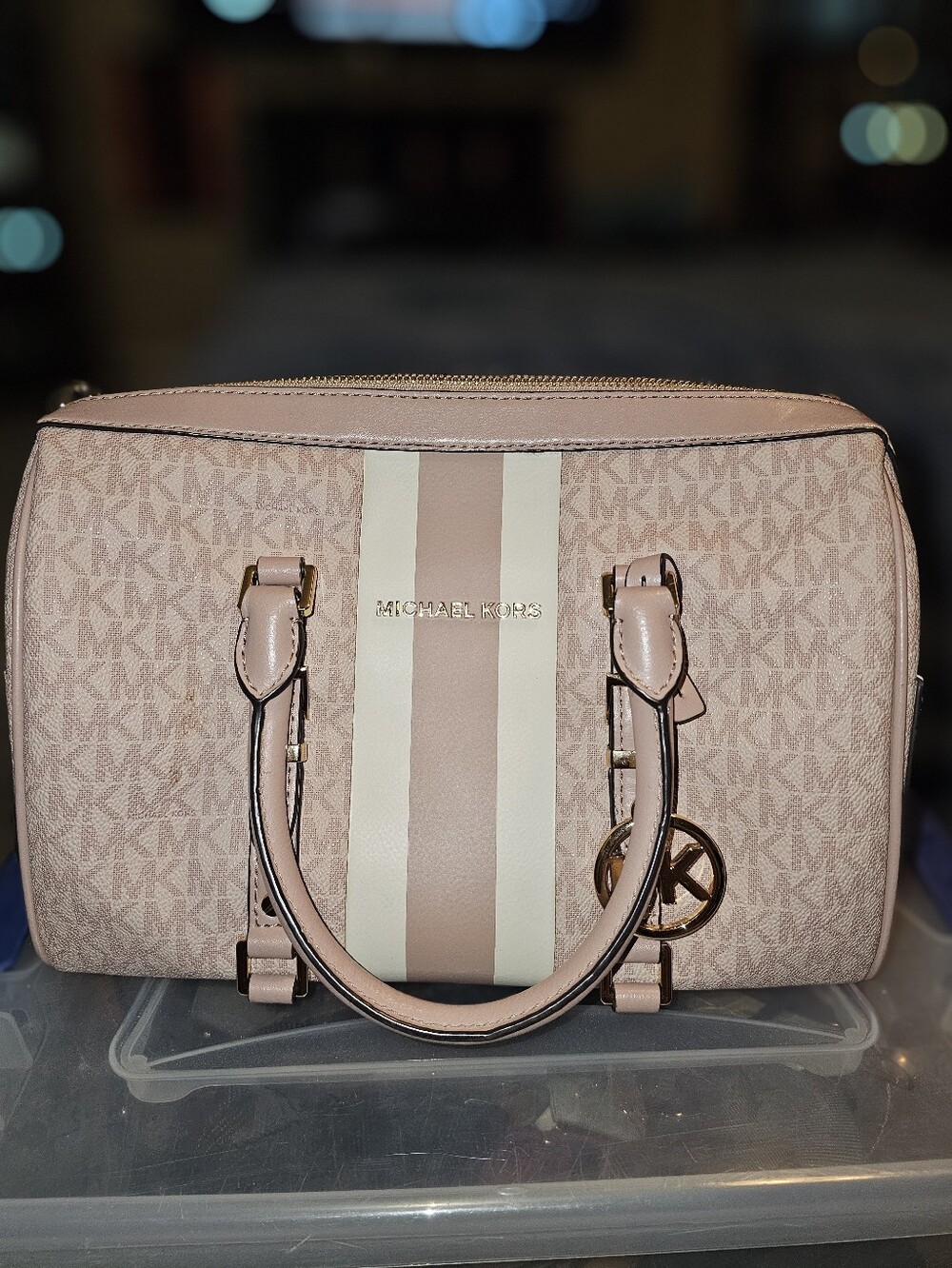 Michael Kors Blush Pink Stripe Purse MK Gold Tone Hardware Handles Chain Strap